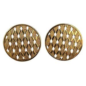 Vintage Napier Gold Tone Diamond Lattice Cutout Round Clip-On Earrings